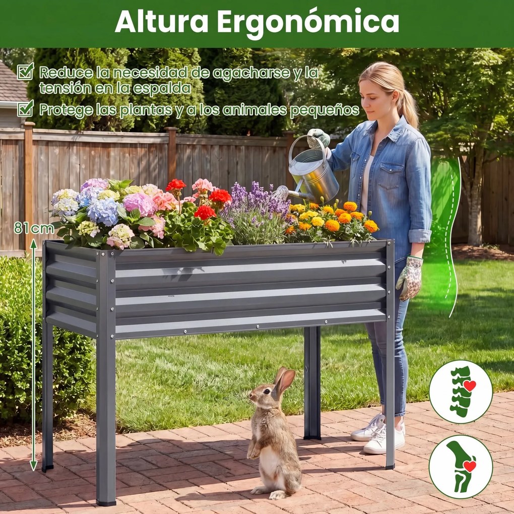 Floreira Elevada de Metal 112 x 55 x 81 cm com Revestimento Eletroforético e Drenagem para Legumes, Flores e Frutas - Cinzenta