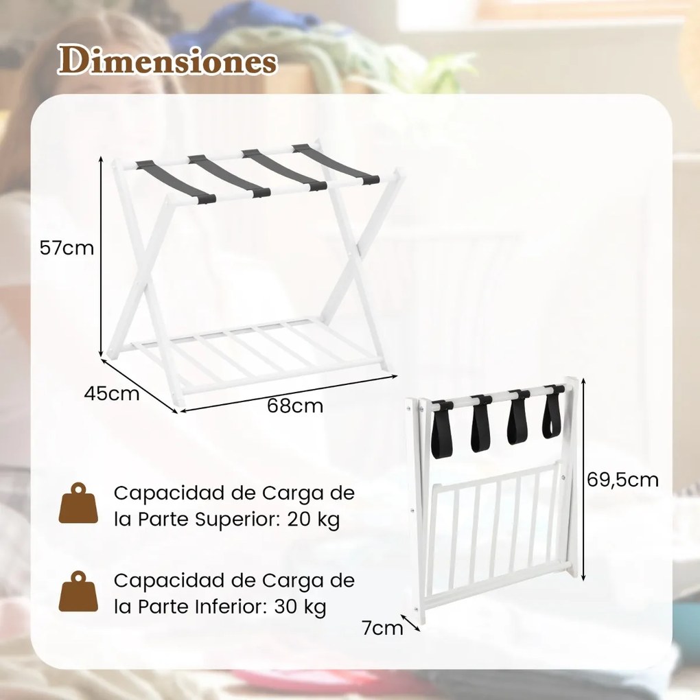 Estante dobrável de metal para bagagens até 60 kg com 4 correias estáveis e design de 2 andares para casa e hotel Branco