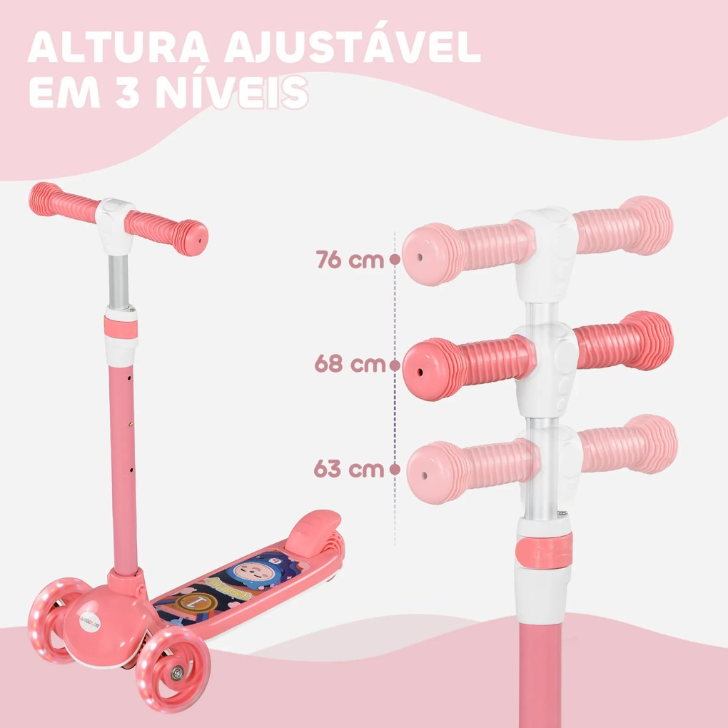 Trotinete para Crianças Trotinete com 3 Rodas LED Altura Ajustável Carga 25 kg 52x29x63-76 cm Rosa