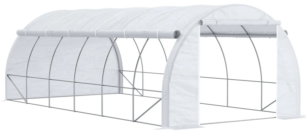 Outsunny Estufa Tipo Túnel de Jardim 6x3x2m com Porta Enrolável 12 Janelas Cobertura de PE 140g/m² e Metal Galvanizado para Cultivos de Plantas Verduras Branco