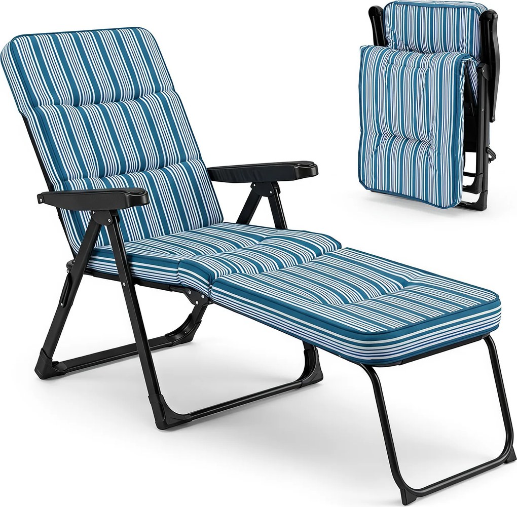 Espreguiçadeira de Exterior Dobrável, 163 x 52 x 63 cm, Encosto e Apoio para os Pés Ajustáveis, Azul + Branco