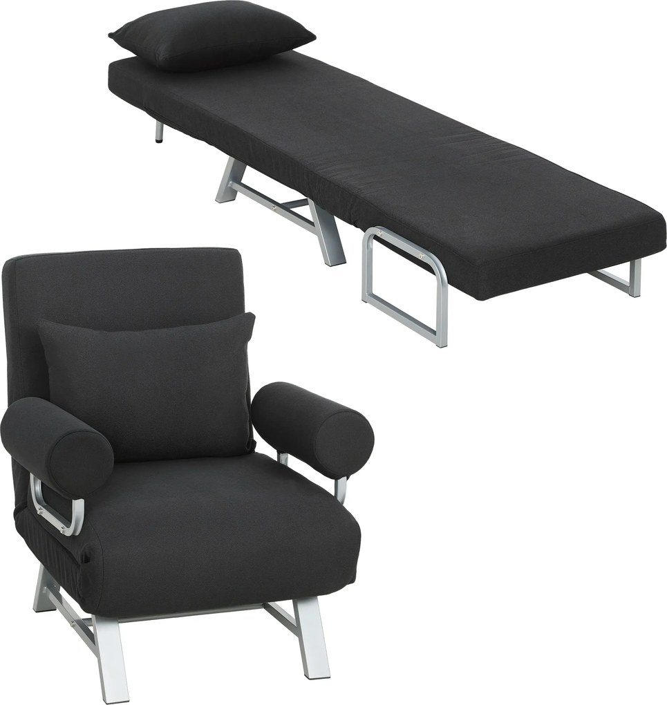 Poltrona reclinável convertível em sofá-cama de 1 lugar, com almofada lombar, braços e base em metal, em linho preto