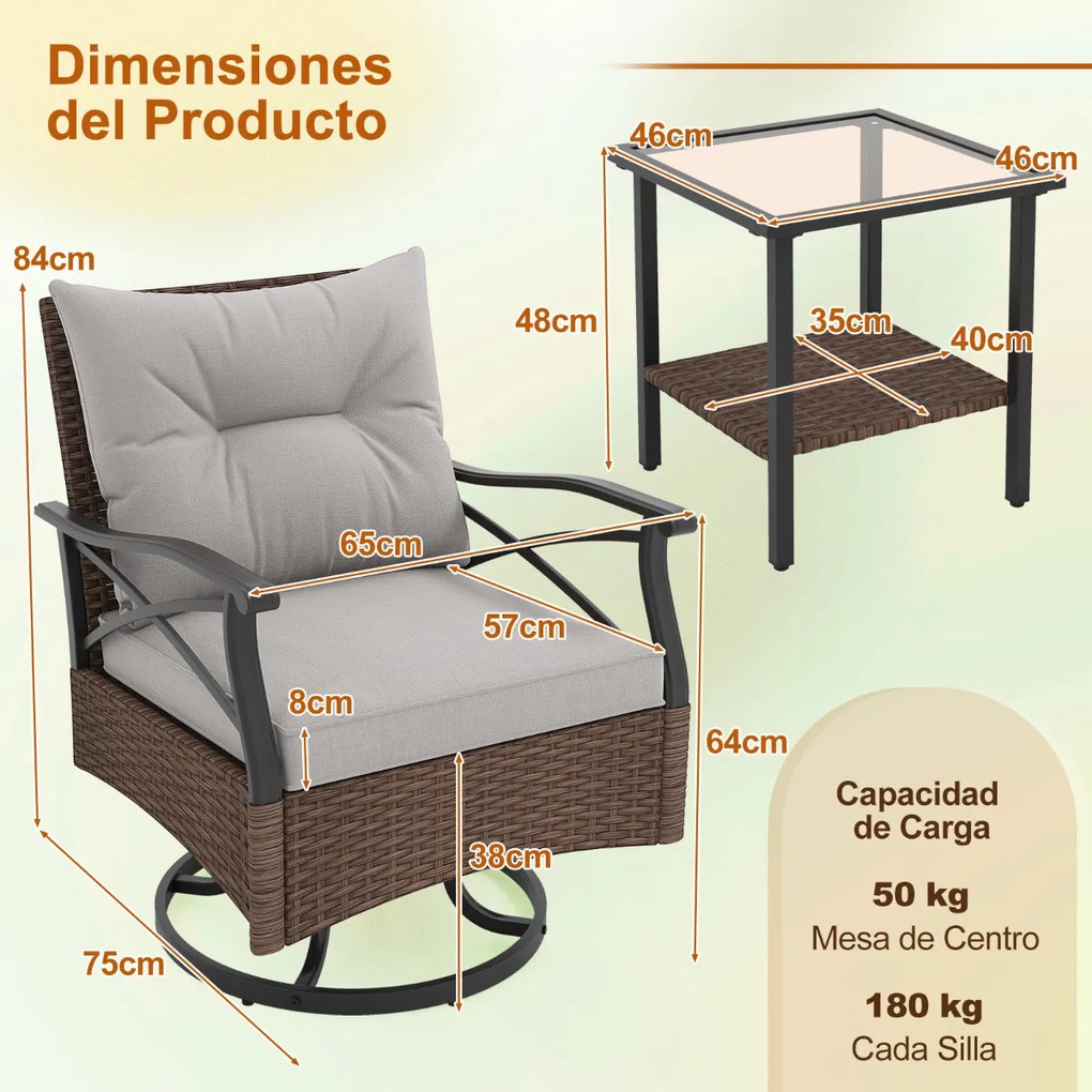 Conjunto jardim de 3 peças de 2 cadeiras de baloiço giratórias de rattan para exterior com almofadas de mesa lateral de vidro temperado para jardim, p