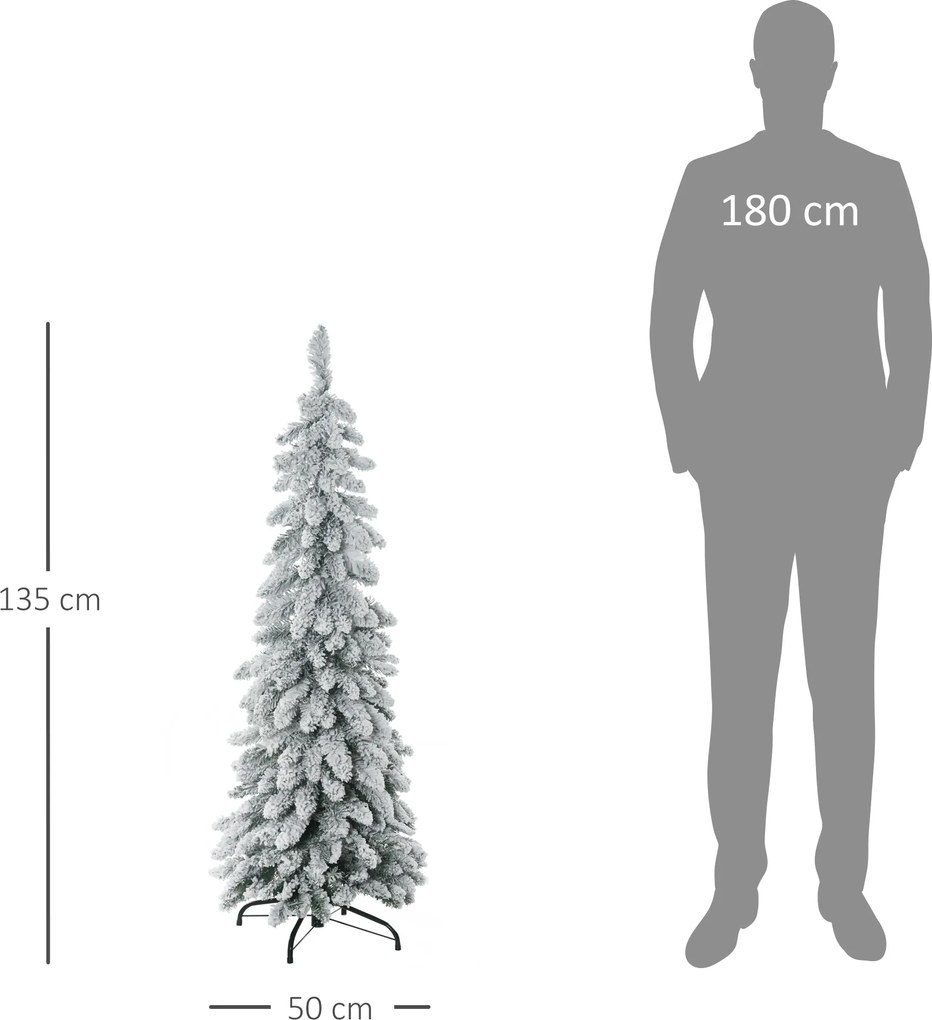 Árvore de Natal artificial altura 135 cm com suporte em aço, 253 ramos com neve, base dobrável, verde
