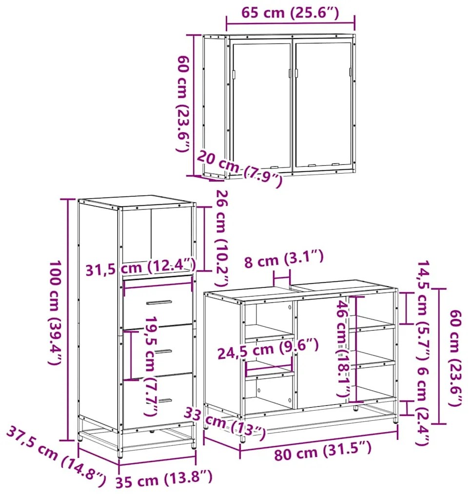 3 pcs Conjunto móveis casa de banho madeira proc. cinza sonoma