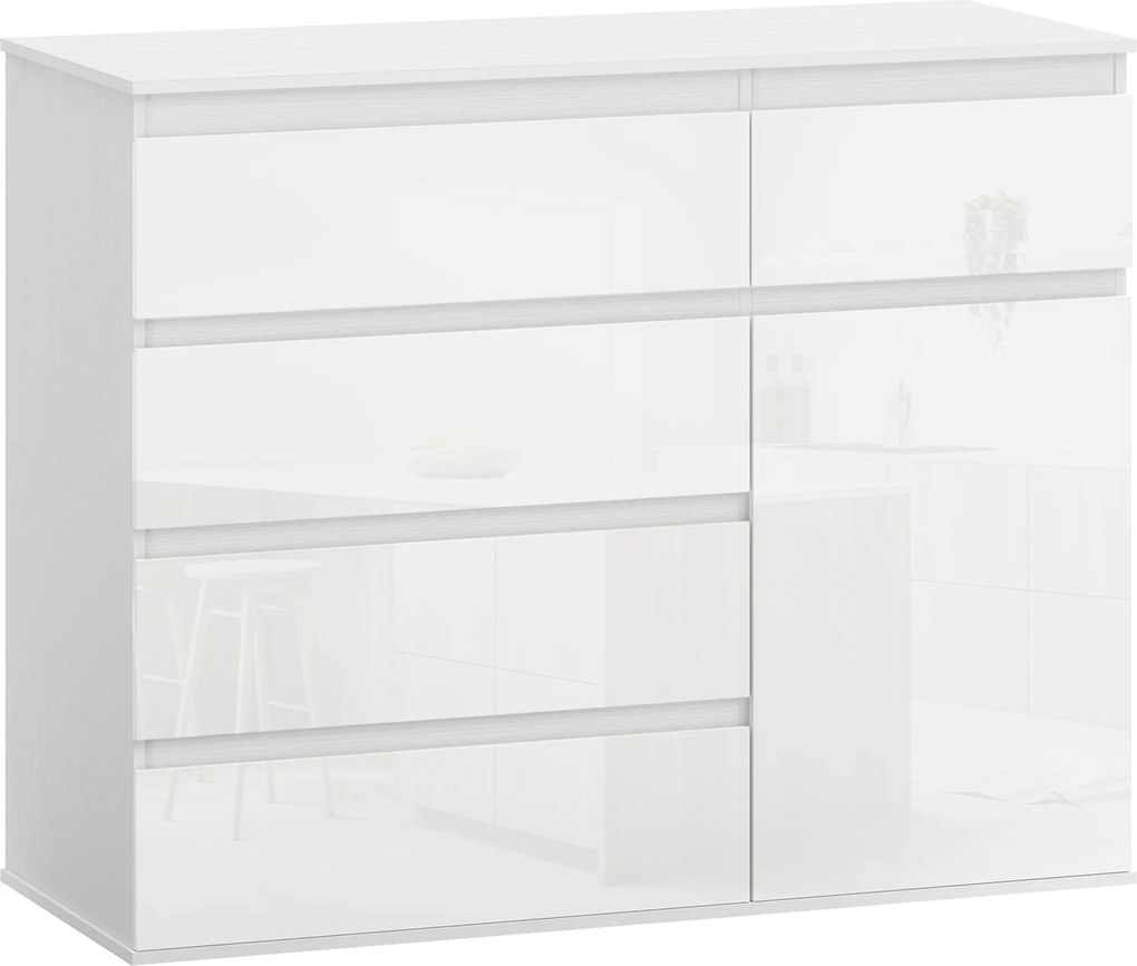 HOMCOM Aparador de Sala com 5 Gavetas Prateleiras Ajustáveis e Porta com Fecho Suave 100x40x80 cm Branco Brilhante | Aosom Portugal