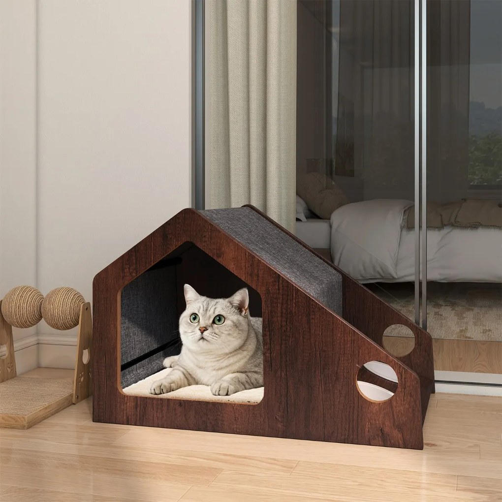 Casa de madeira para gatos 60 x 40 x 40 cm de interior com comedouro Teto removível e estrutura metálica  Castanho
