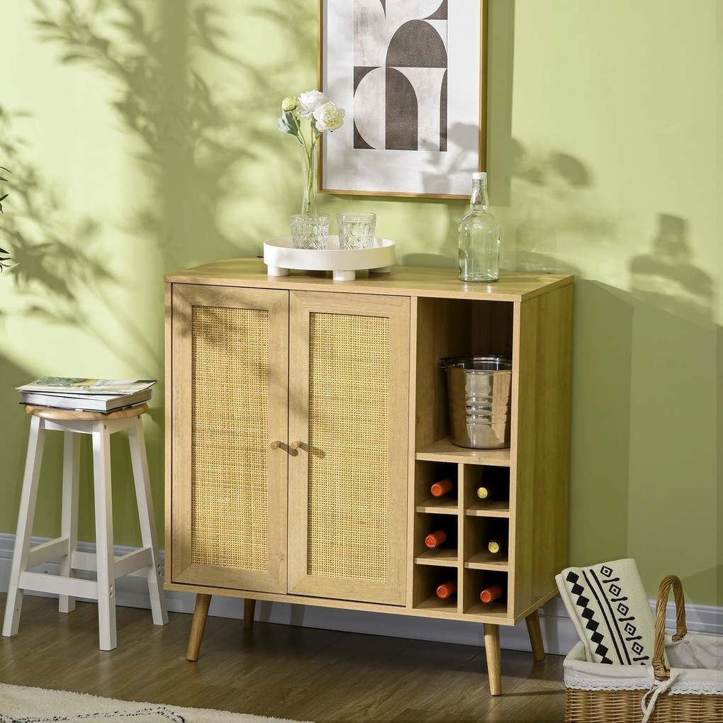 Aparador de Cozinha Móvel Buffet Auxiliar com 2 Portas de Vime Prateleira Aberta e Suporte para 6 Garrafas para Sala de Estar Sala de Jantar 83x39x88,