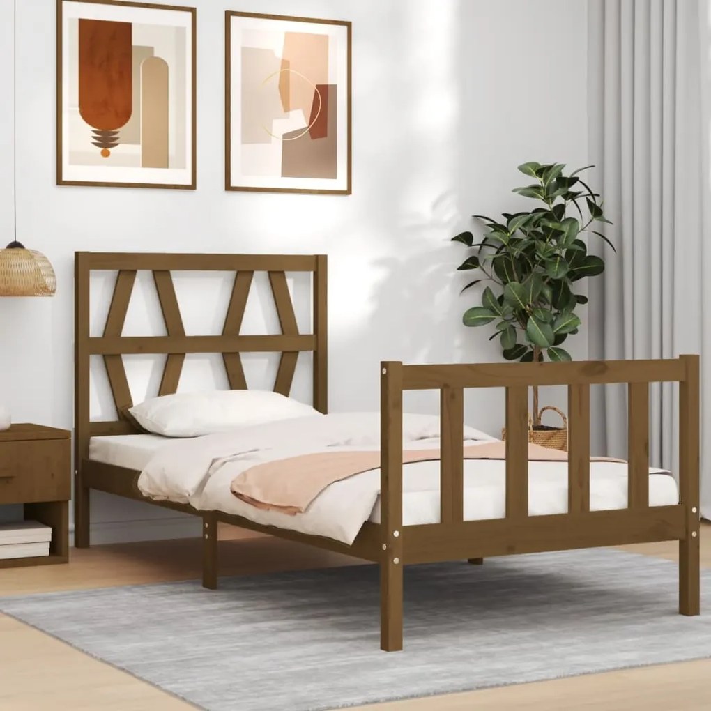 Estrutura cama cabeceira 100x200cm madeira maciça castanho-mel