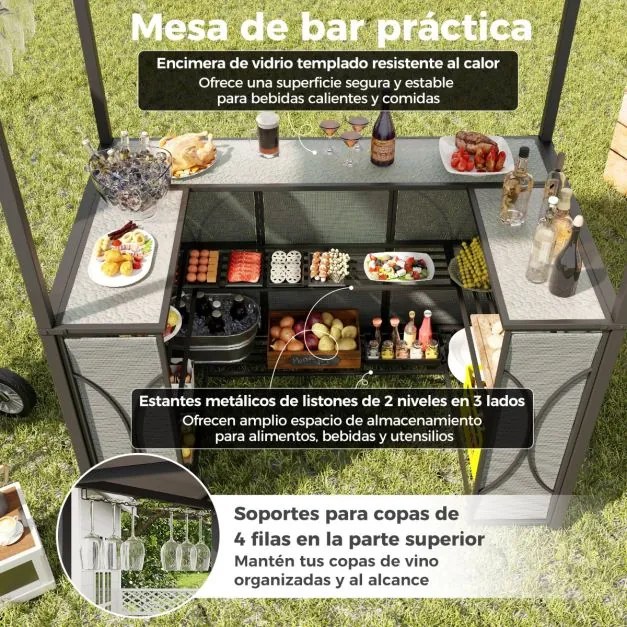 Conjunto de bar de Jardim de 3 peças Tenda de churrasco + 2 bancos de bar Mesa temperada Estantes de metal e suportes de vidro Cinzento