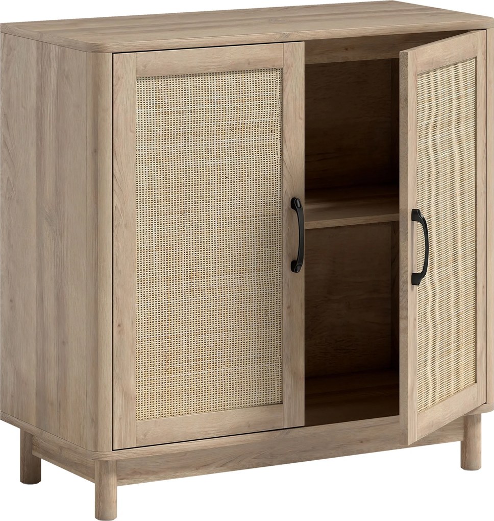 HOMCOM Buffet para sala, móvel de arrumação com 2 portas em rattan, prateleira regulável e bordas arredondadas, 76 x 35 x 75,5 cm, carvalho | Aosom Portugal