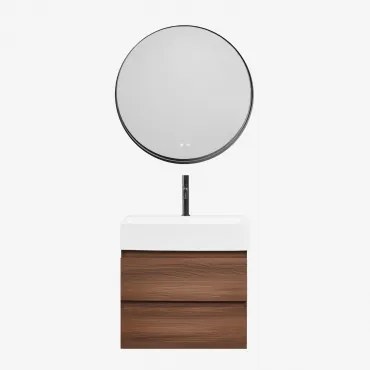 Conjunto De Móvel De Casa De Banho Em Madeira E Chapa De Freixo Com Lavatório Integrado Ona Madeira Escura & Redondo Led - Sklum