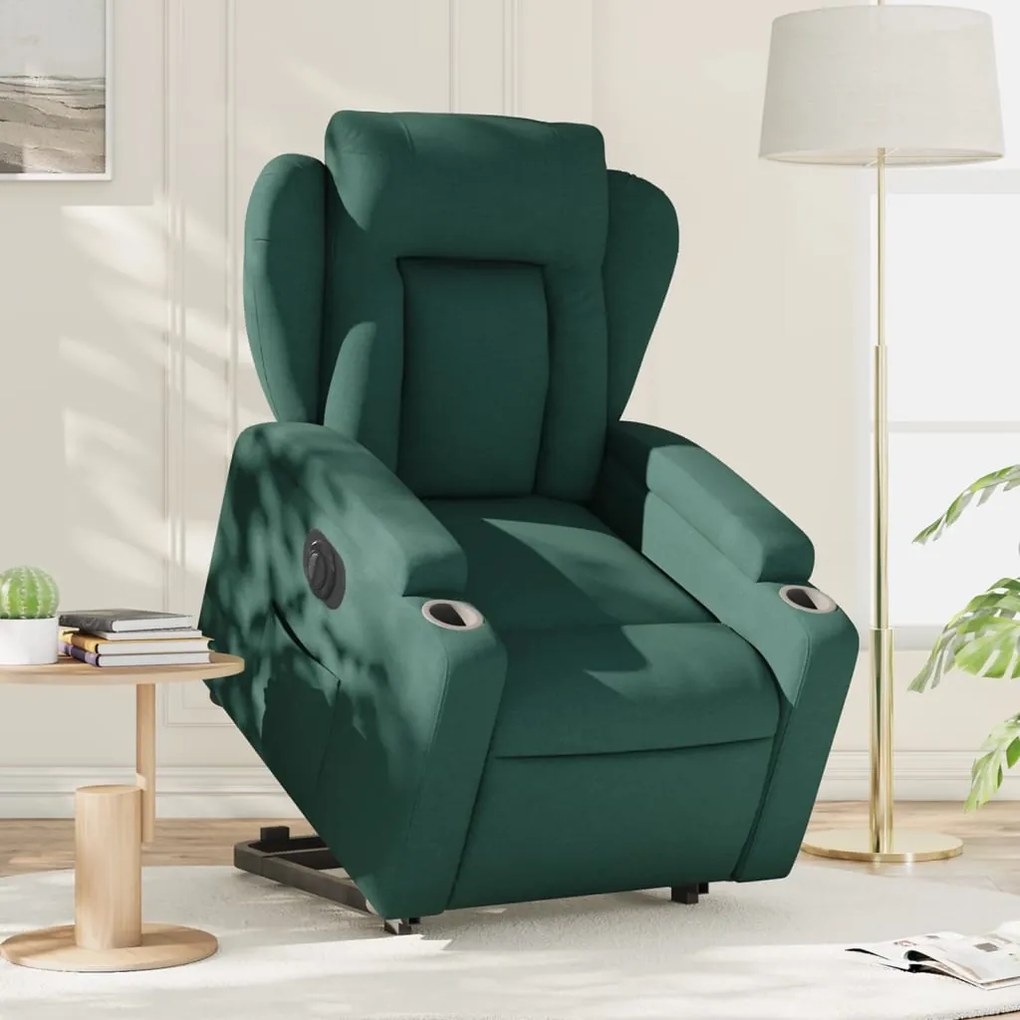 vidaXL Poltrona elétrica reclinável/elevatória tecido verde-escuro