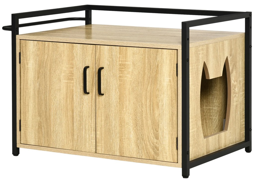 PawHut Casa para Gatos de Madeira Móvel Caixa de Areia para Gatos 2 em 1 com Armário de Armazenamento 82,3x51x54cm Natural | Aosom Portugal