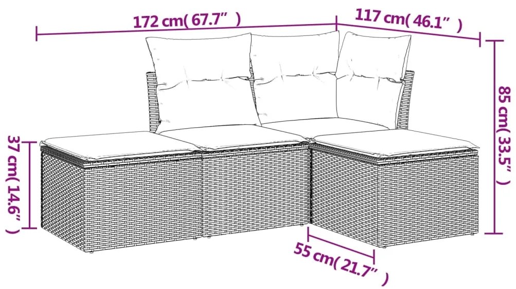 4 pcs conjunto sofás de jardim c/ almofadões vime PE castanho