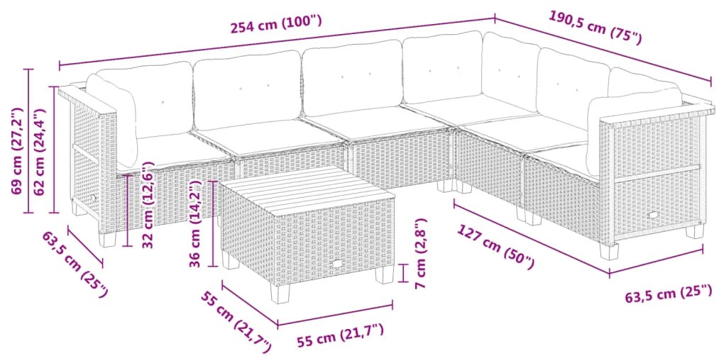 7 pcs conjunto de sofás p/ jardim c/ almofadões vime PE preto