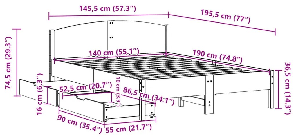 Cama sem colchão 140x190 cm madeira de pinho maciça branco