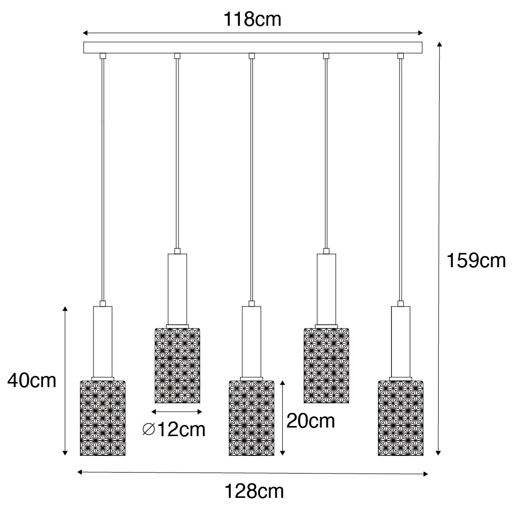 Candeeiro de suspensão dourado com vidro fumê oblongo 5 luzes - Elva Art Deco