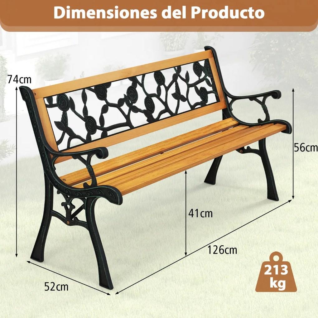 Banco de Jardim com 127,5 cm e Estrutura Metálica Fundida e Assento de Madeira Banco Ergonómico para 3 Pessoas para Jardim, Alpendre, Pátio