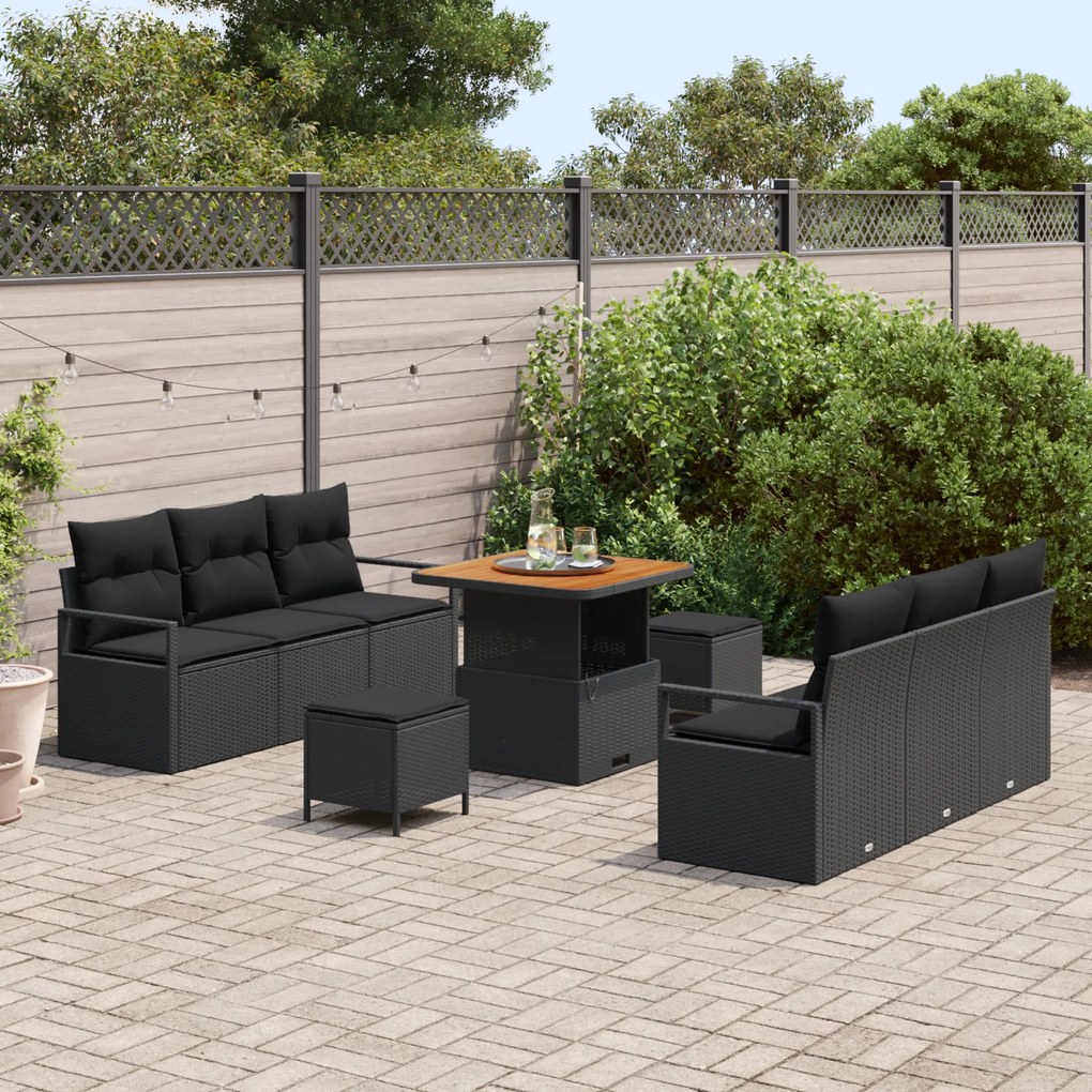 Conjunto de Sofá de Jardim de 9 Peças com Almofadas Preto Rattan Polif