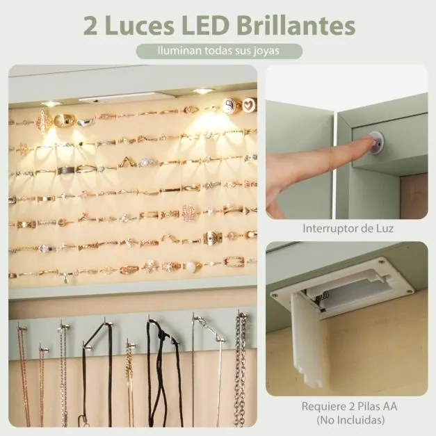Armário de joias em madeira com espelho de parede e LED interno Organizador de porta ou parede com chave 35,5 x 10 x 120 cm Verde Claro