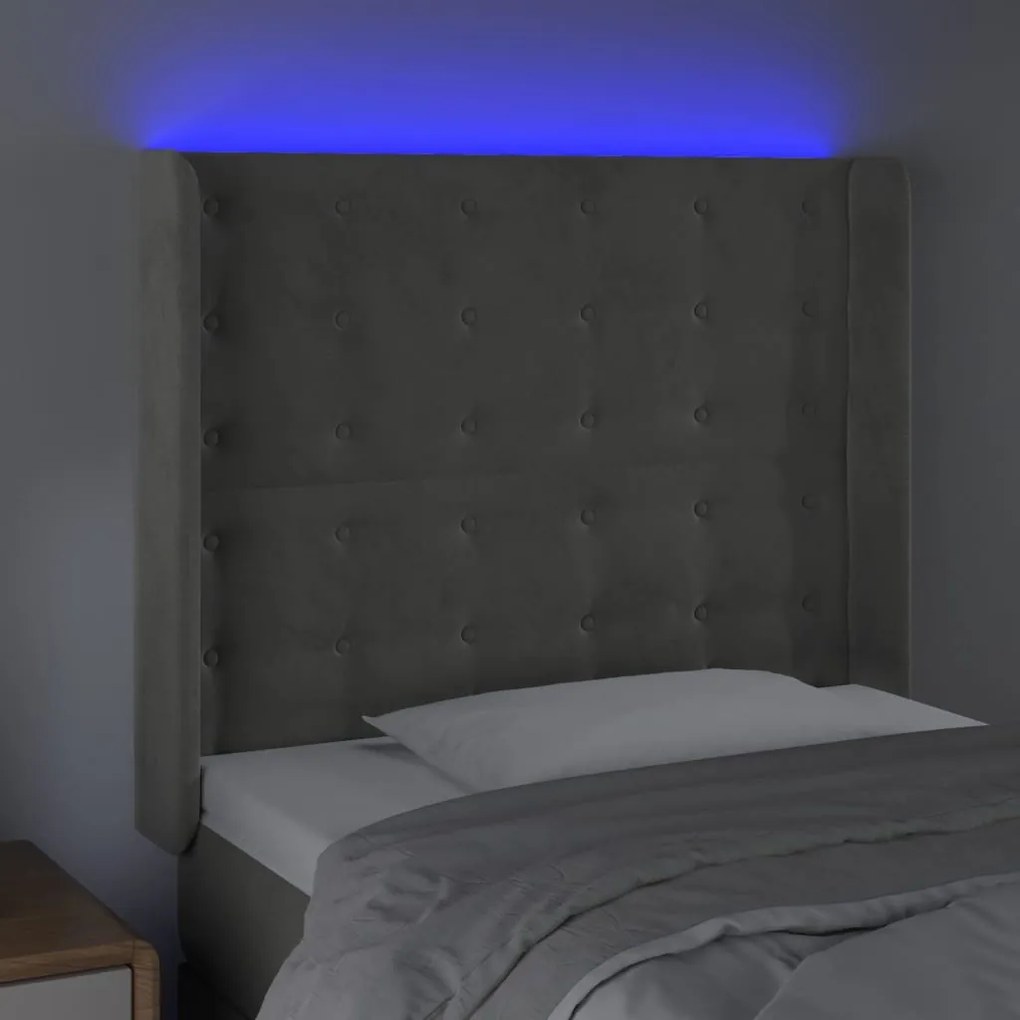 Cabeceira cama c/ luzes LED veludo 103x16x118/128cm cinza-claro