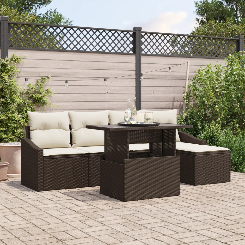 Conjunto de Sofá de Jardim com 6 Peças e Almofadas em Vime Castanho