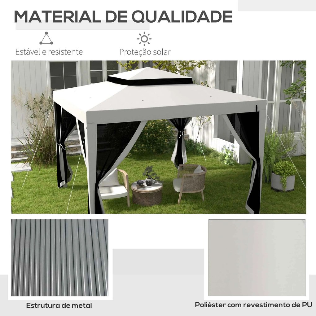 Pérgola de Jardim 297x297x268 cm Pérgola com 4 Redes Mosquiteiras Laterais e 8 Orifícios de Drenagem  Cinza