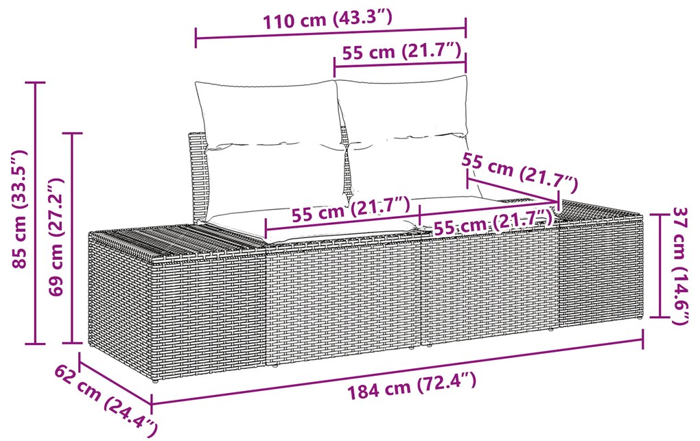 Conjunto de Sofás de Jardim com 7 Peças e Almofadas Preto Rattan Polié
