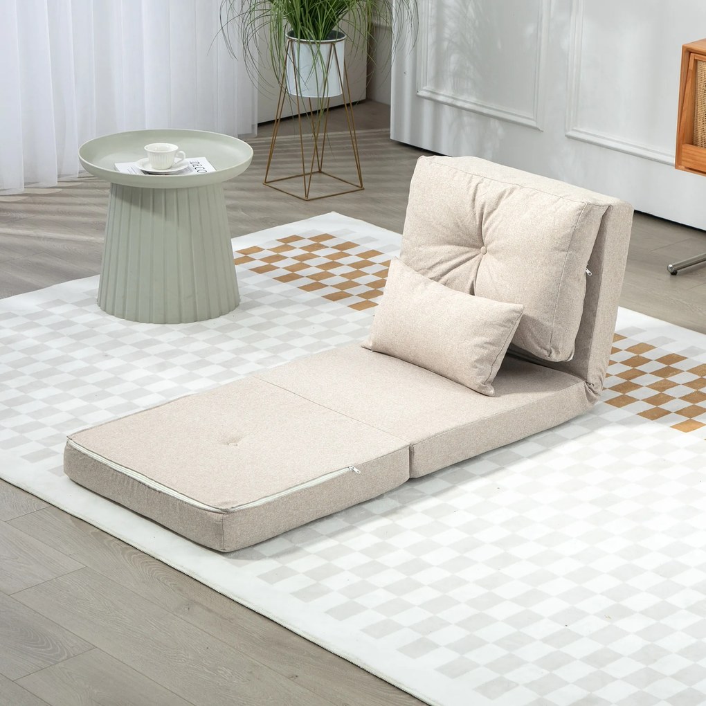 Poltrona-sofá-cama convertível de 1 lugar com 1 almofada e encosto ajustável, bege