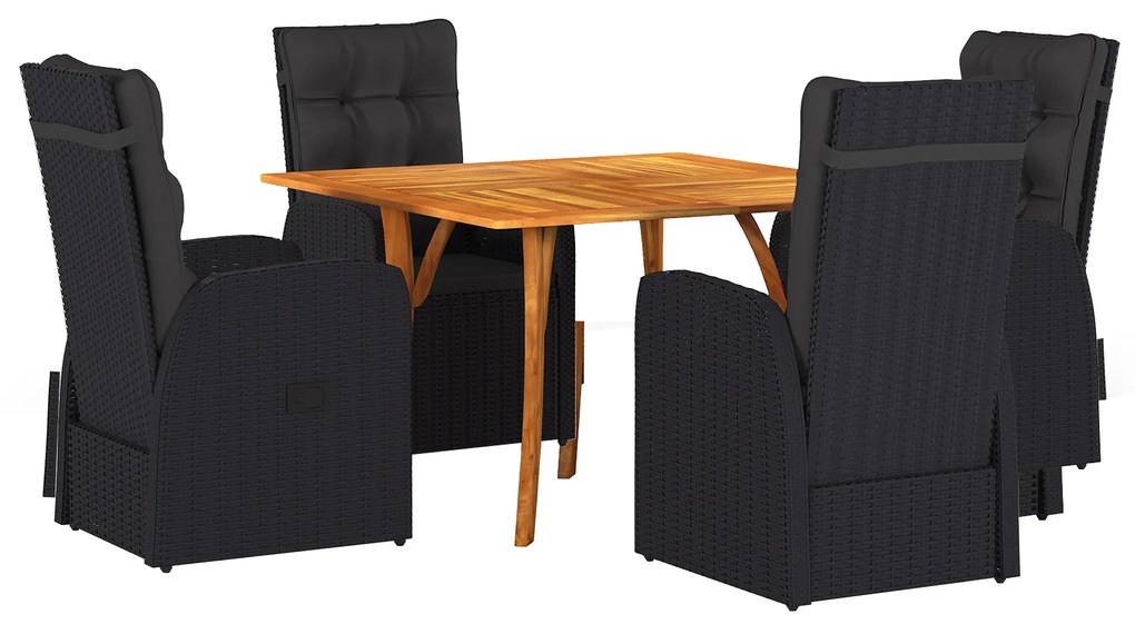 vidaXL Conjunto de Jantar de 5 Peças com Almofadas de Rattan Preto e Acácia