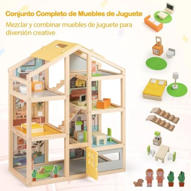 Casa de bonecas de madeira 60 x 30 x 75 cm com 7 quartos, 18 peças de mobiliário, 3 bonecos e 1 cão de estimação para maiores de 3 anos natural