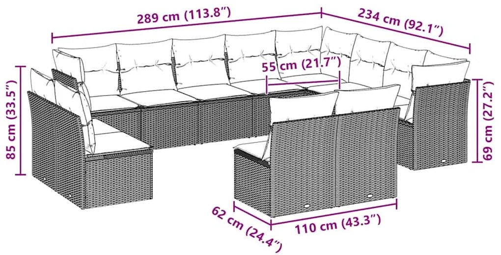 12 pcs conj. sofás jardim com almofadões vime PE cinzento-claro