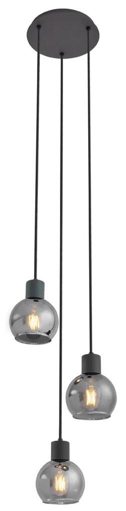Candeeiro de suspensão Art Deco preto com vidro fumê redondo 3-luzes - Vidro Art Deco