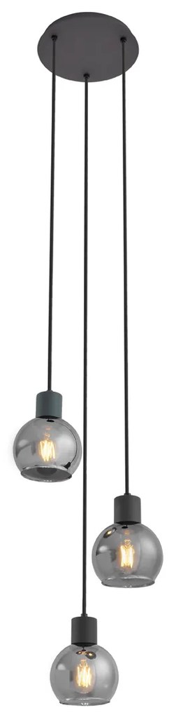 Candeeiro suspenso Art Déco preto com vidro fumê redondo 3 luzes - Vidro Art Deco