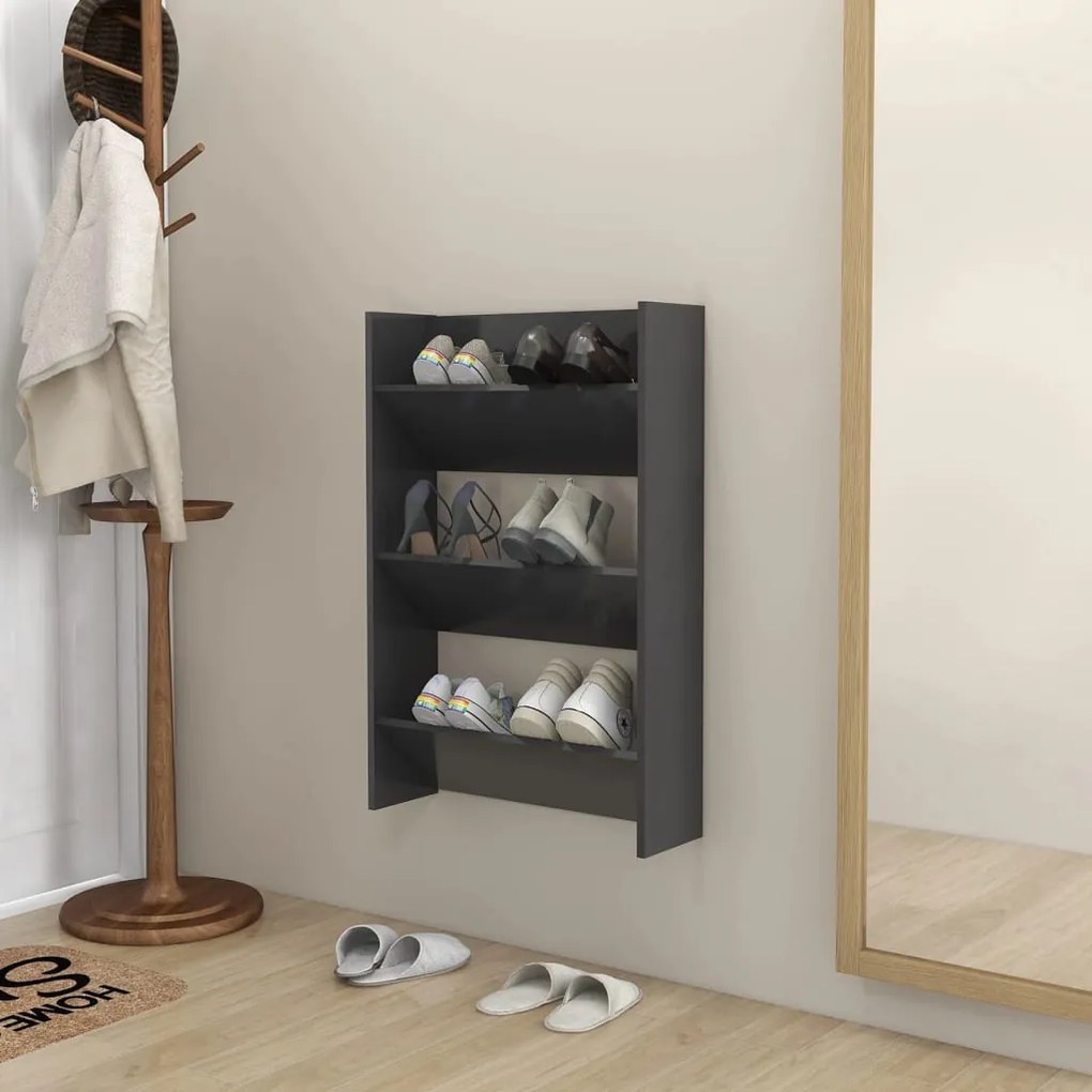 vidaXL Sapateira de parede 60x18x90 cm contraplacado cinzento