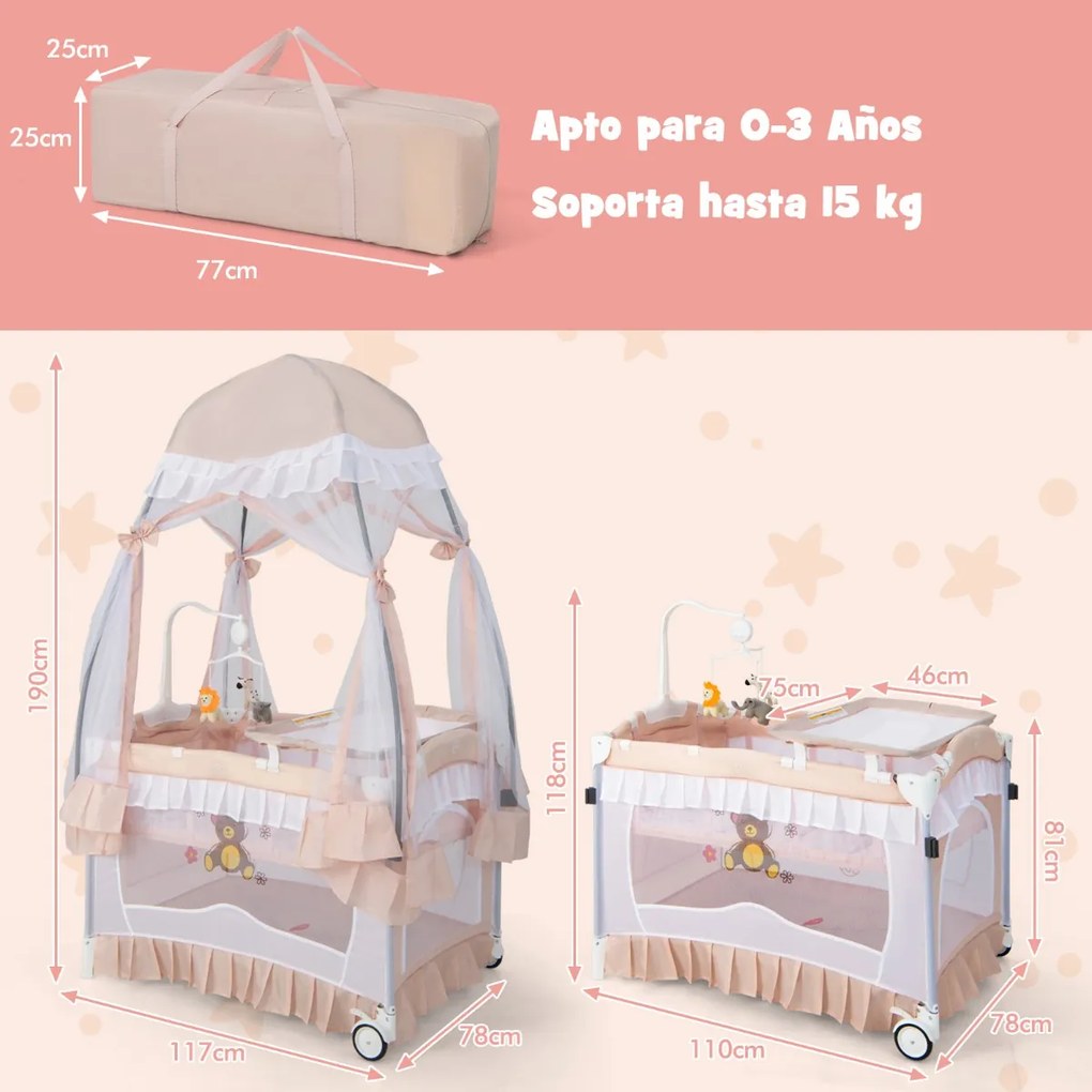 Berço de viagem dobrável para bebés de 0 a 36 meses com toldo Trocador Brinquedo Rodas com travões Saco de transporte Rosa claro