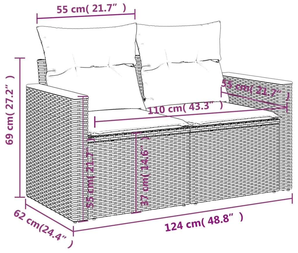 6 pcs conjunto sofás p/ jardim c/ almofadões vime PE cinzento