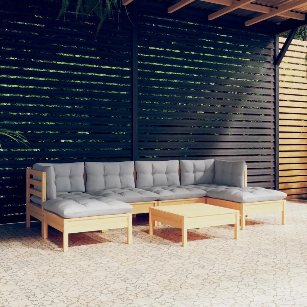 7 pcs conjunto lounge de jardim c/ almofadões cinzentos pinho