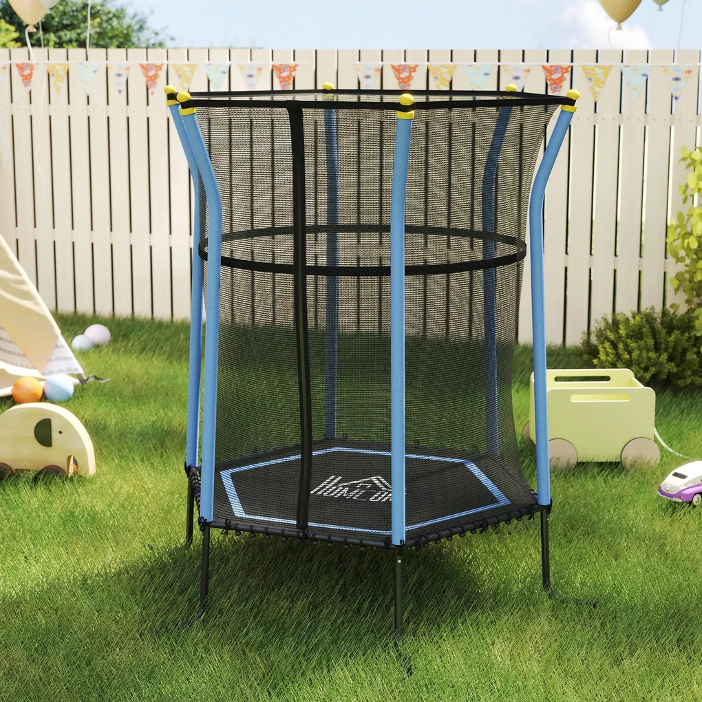 Trampolim infantil Ø 1,63 x 1,9 m com rede de segurança, porta com fecho de correr e 6 postes almofadados incluídos, azul e preto
