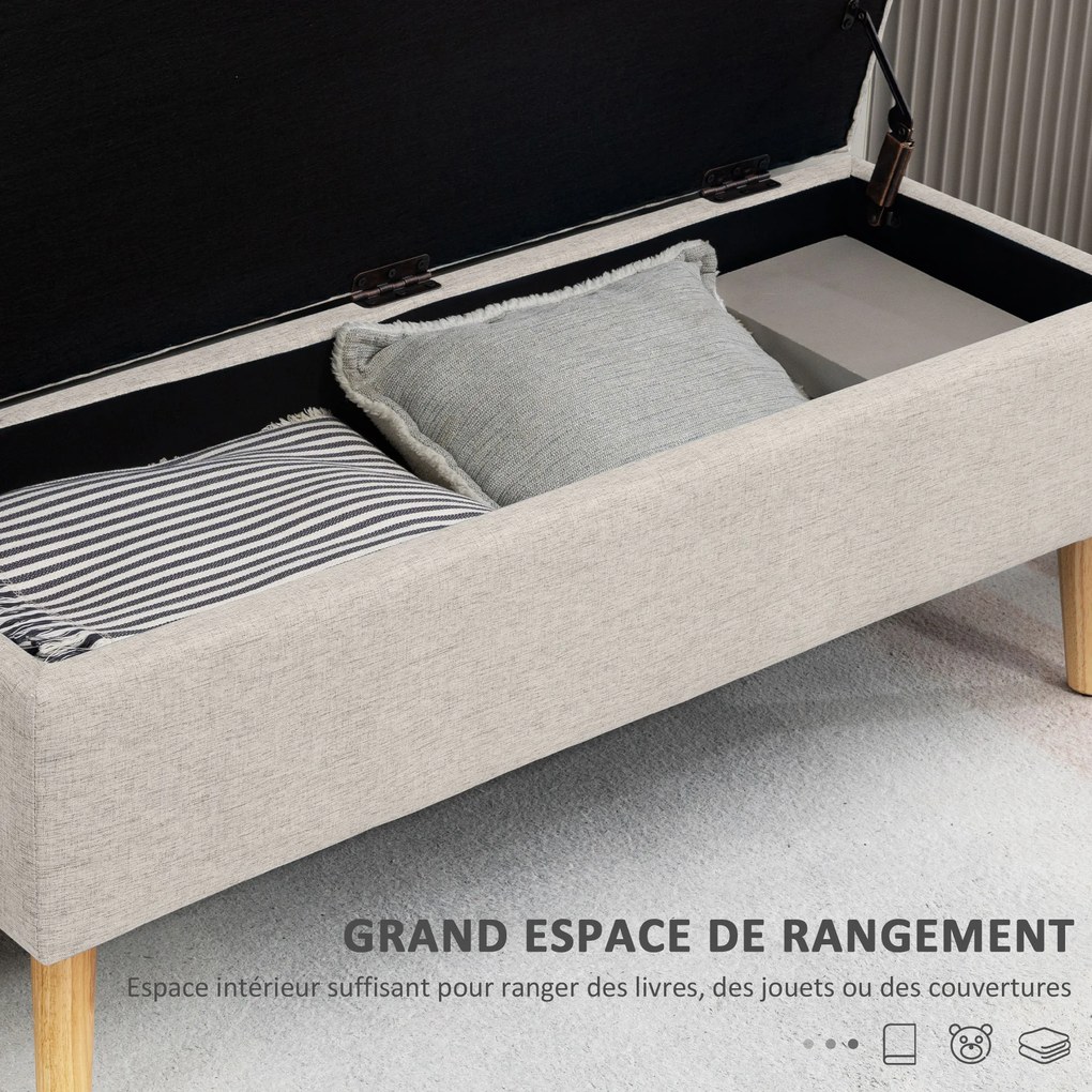 Banco com arrumação estofado com aspeto de linho para quarto, entrada ou sala de estar, capacidade de 220 Kg, 110 x 39 x 45 cm, bege