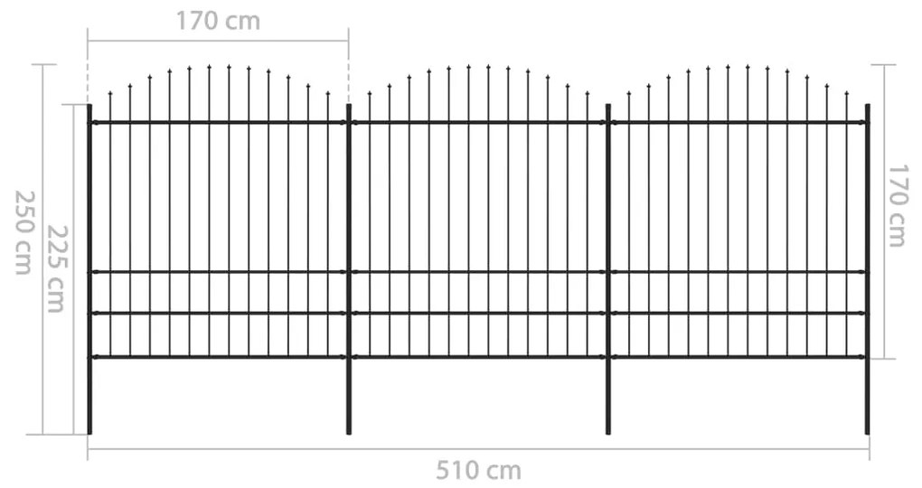 Cerca de jardim com topo em lanças (1,75-2)x5,1 m aço preto