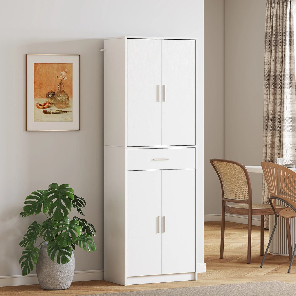 Armário de cozinha moderno com portas 60 x 35 x 180 cm, prateleiras ajustáveis e gaveta, branco