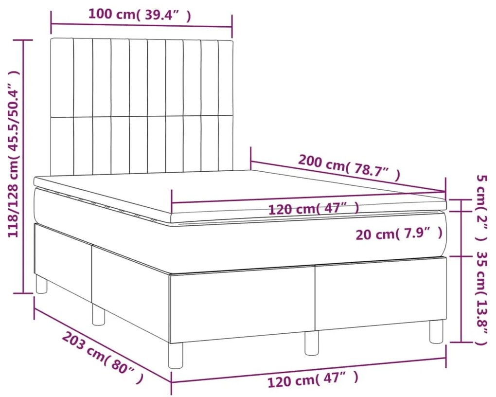 Cama box spring c/ colchão/LED 120x200 cm veludo cinzento-claro