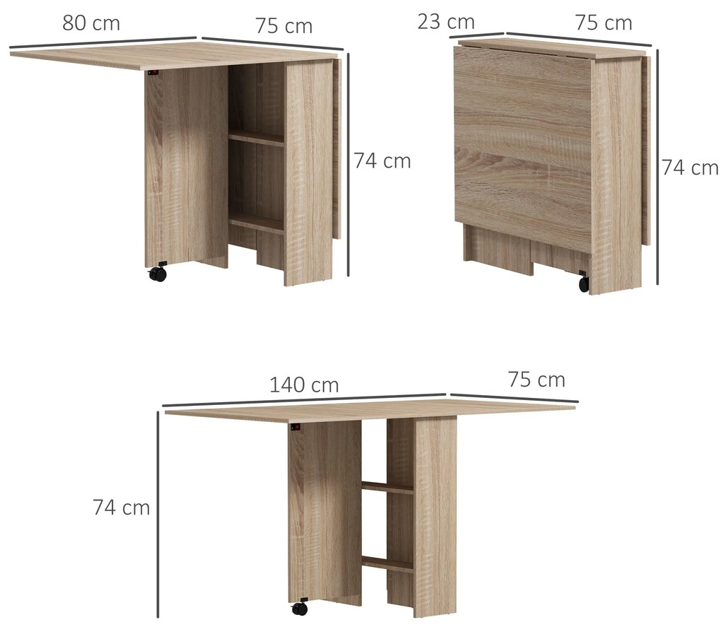 Mesa de Sala de Jantar Dobrável Mesa de Madeira com 2 Prateleiras de A