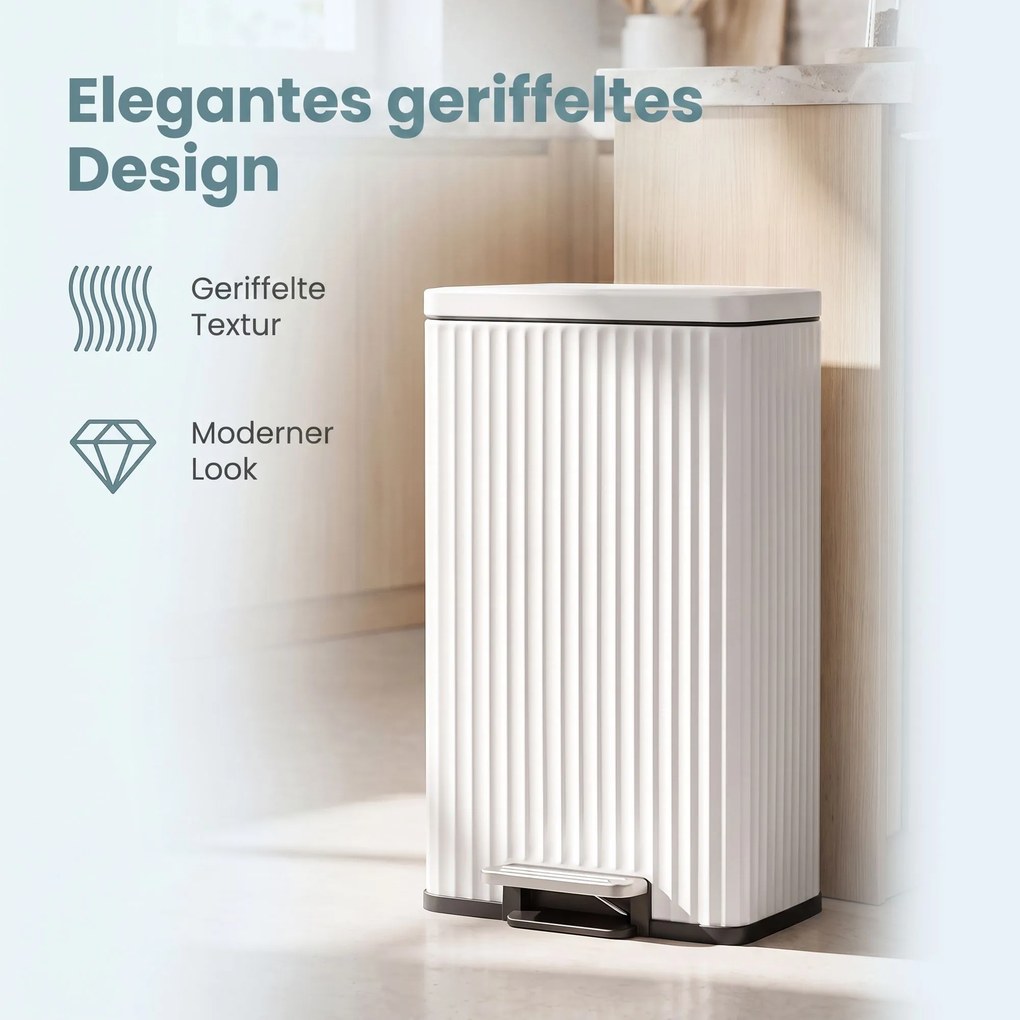 Caixote do lixo de cozinha em aço 33,6 x 29,8 x 59,5 cm com fecho suave e cesto interior amovível, 30 L, branco