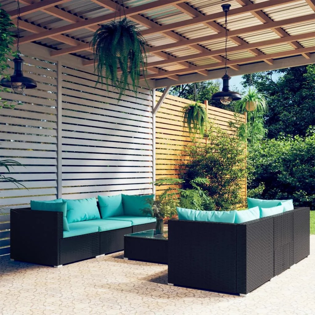 vidaXL 7 pcs conjunto lounge de jardim c/ almofadões vime PE preto
