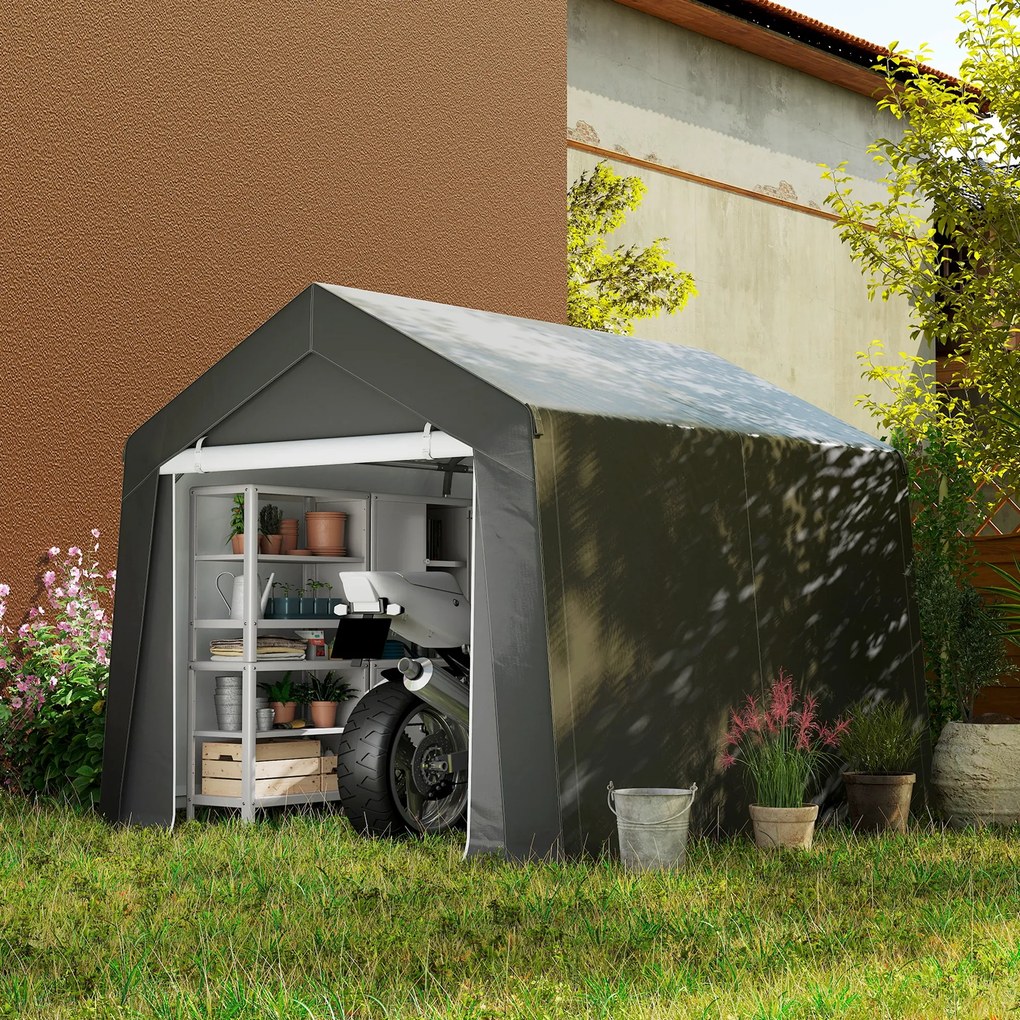 Abrigo de jardim3 x 3 m, Revestimento em lona PE de 200 g/m² portátil para exterior com estrutura em aço galvanizado e porta ampla, cinzento