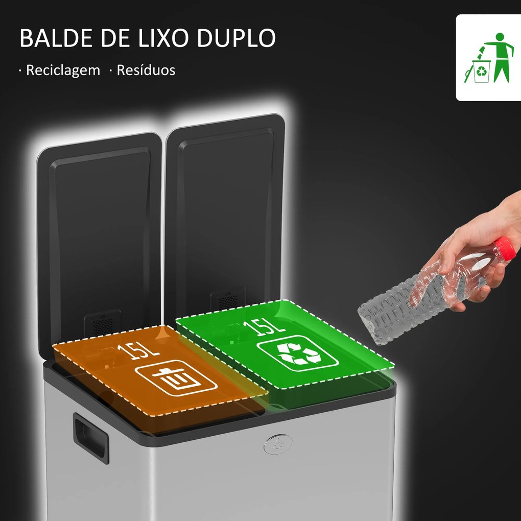 Balde de Lixo de Cozinha com 2 Compartimentos 2x15L Cubo de Lixo de Aç