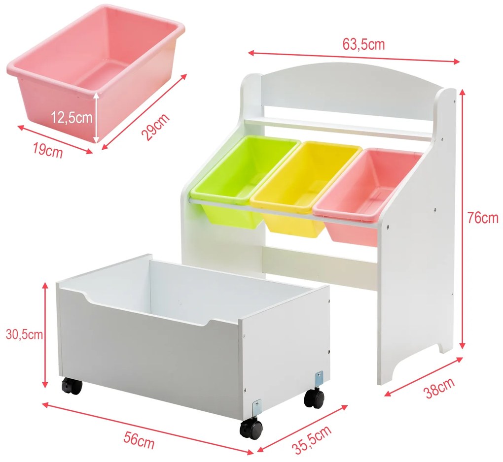 Organizador de livros e brinquedos para crianças com 3 caixas para jardim de infância e educação em casa 63,5 x 38 x 76 cm Branco